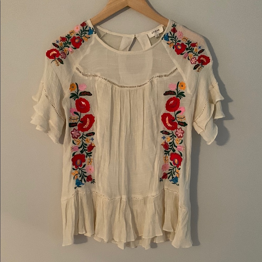 Embroidered Cream Floral Short-Sleeve Peasant Top - Picture 1 of 10